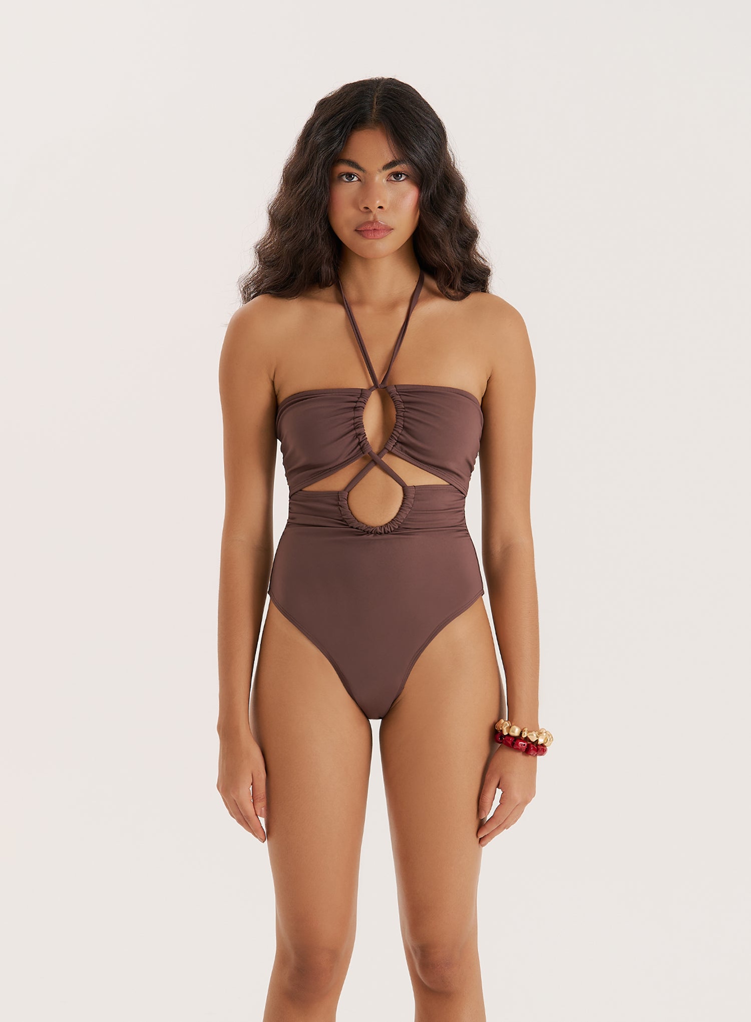 Chocolate Halterneck Strappy Swimsuit